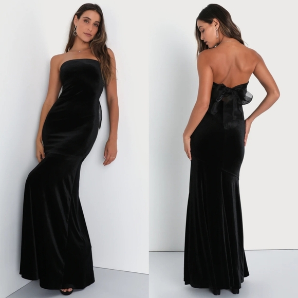 Lulus Mesmerizing Elegance Black Velvet Strapless Backless Maxi Dress S Wedding - Picture 1 of 8